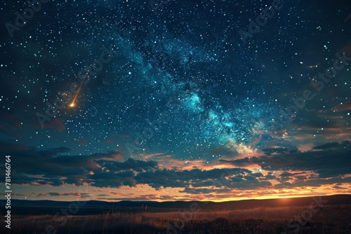 A beautiful night sky with a bright star and a cloudless sky. The sky is filled with stars and the sun is setting photo