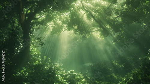 Mystical Forest Enchantment  Sunlight filtering through lush green trees in a mystical forest