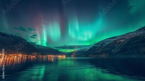 beautiful landscape of the green Northern Lights seen from a lake at night in high resolution