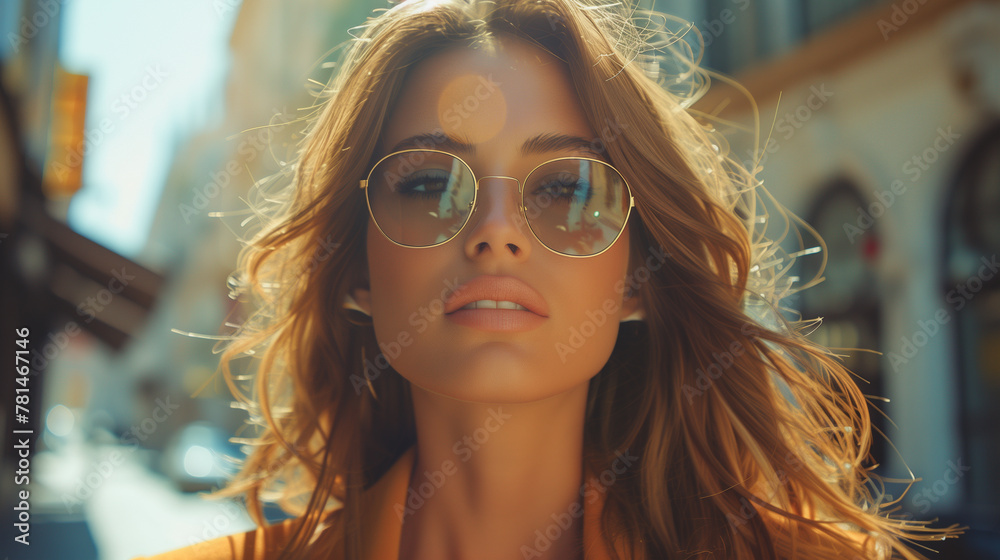 fashionable young woman with sunglasses strutting down city streets amidst sleek architecture and trendy boutiques fashionable young woman with sunglasses strutting down city streets amidst sleek architecture and trendy boutiques