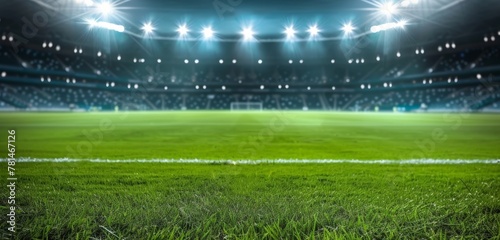 A soccer field with a bright green grass and a few lights in the background