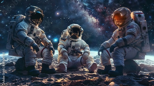 This image captures a trio of astronauts seated on an extraterrestrial surface under a cosmic sky filled with stars