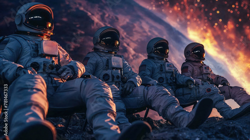 Four astronauts are seen relaxed, against a dramatic cosmic sunset, creating a sense of wonder and adventure photo