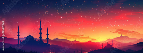 Eid Al-Fitr Celebration with Vibrant Sunset and Mosque Silhouette