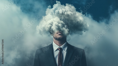 Businessmans head is obscured by a fluffy white cloud  creating a surreal effect