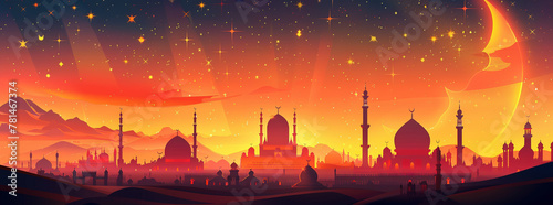 Eid Al-Fitr Celebration Vector Illustration with Vibrant Skyline