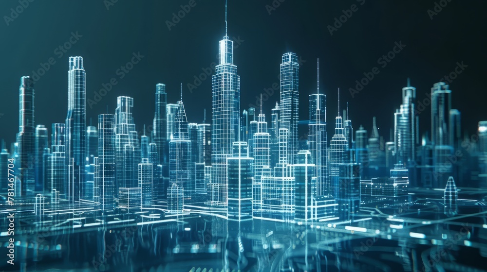 Fototapeta premium 3D holographic projection Blue Technology digital city