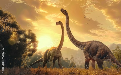 Brachiosaurus, Two dinosaurs are standing in a field with a beautiful sunset in the background photo