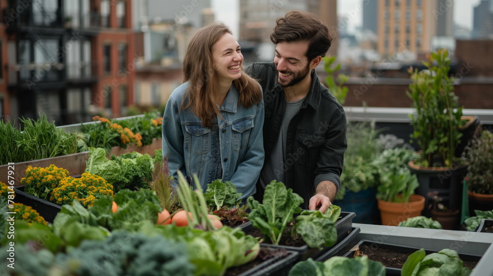 Urban Gardening Trends, Portrait Stylish Young Couple Growing Organic Vegetables on Rooftop Terrace
