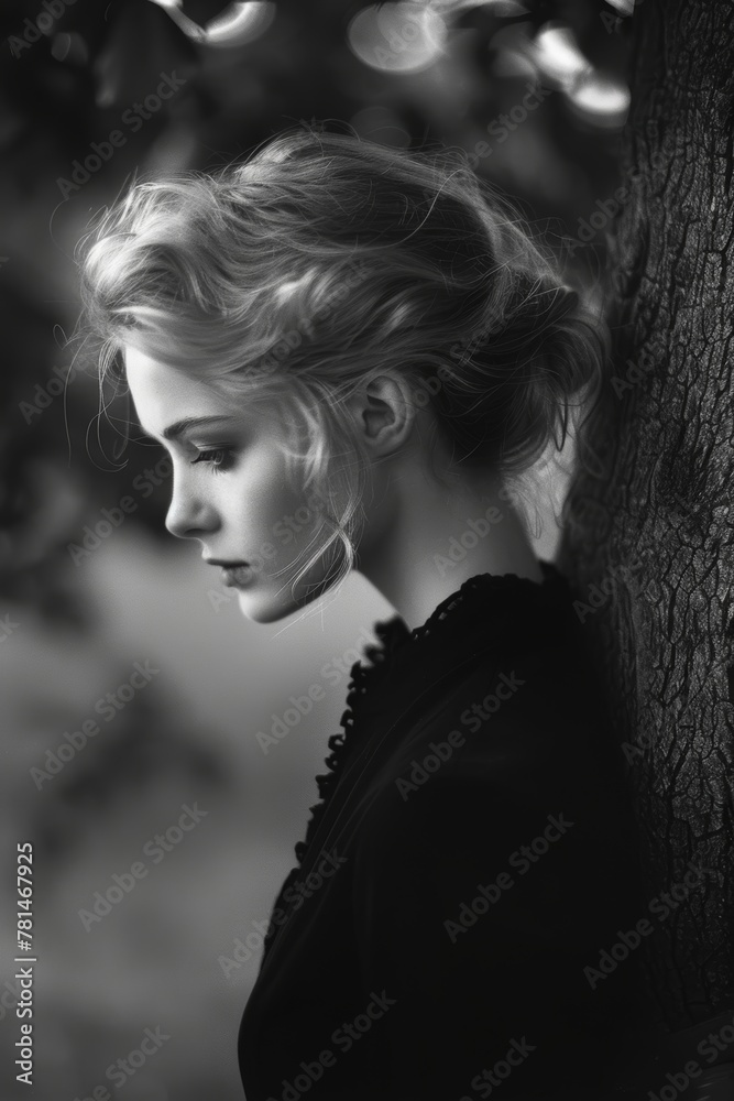 A woman with blonde hair is standing in front of a tree A woman with blonde hair is standing in front of a tree
