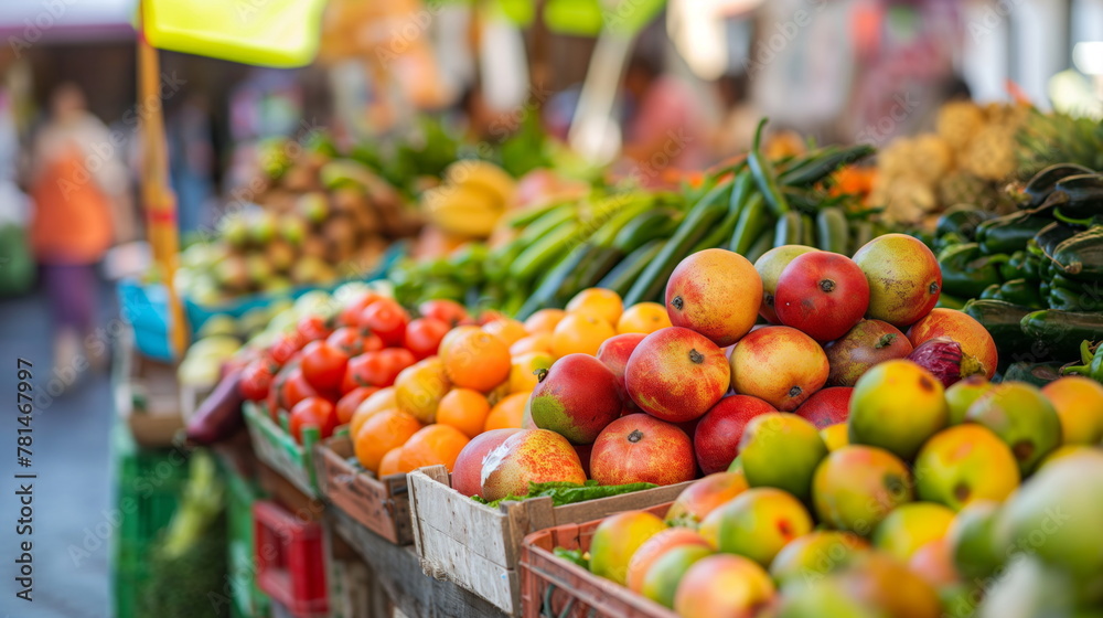 vibrant street market with colorful fruits and vegetables