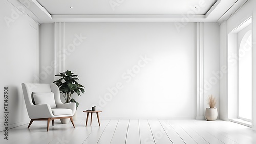 Modern minimalist interior with an armchair on empty white color wall background.