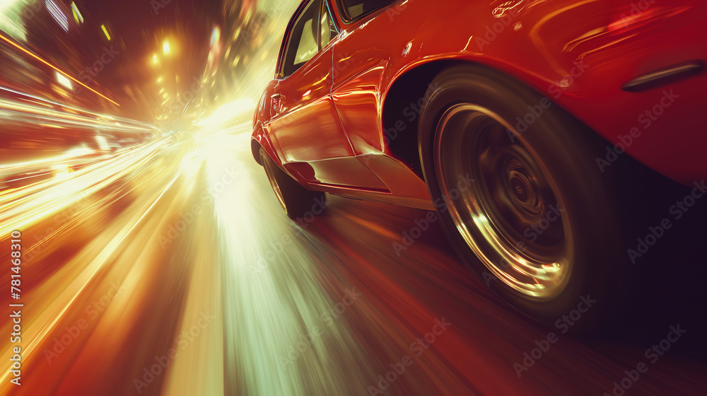 High speed shot of a rally car made from cinematic angle. Fast sports car with speed lines.