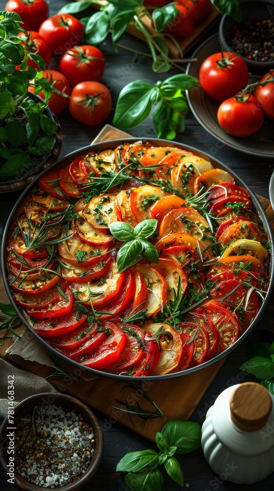 A colorful vegetable dish with basil and tomatoes on a wooden table. The dish is surrounded by bowls and bottles, and there are several tomatoes on the table A colorful vegetable dish with basil and tomatoes on a wooden table. The dish is surrounded by bowls and bottles, and there are several tomatoes on the table