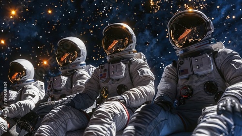 Group of four astronauts taking a break to capture selfies in space, with their visors reflecting the vastness of the cosmos photo