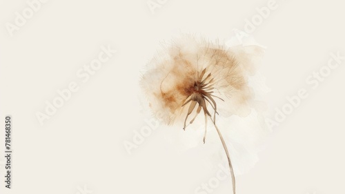 minimalist watercolor painting that captures the fragile beauty of a lone dandelion against a soft  neutral background