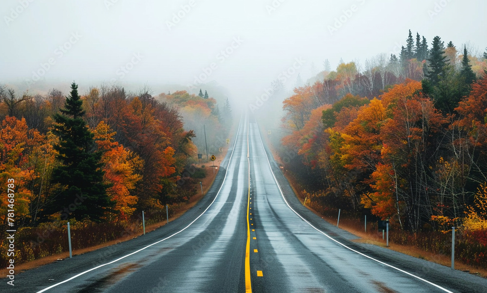 Empty Highway in Misty Canadian Forest During Autumn Empty Highway in Misty Canadian Forest During Autumn
