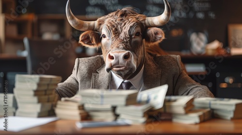 A bull is sitting at a desk with stacks of money in front of him. The image has a humorous and lighthearted mood, as the bull is dressed in a suit and tie, which is not a typical attire for a bull photo