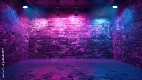 Empty room brick wall with spotlight stage cyberpunk style violet and blue colors. AI generated