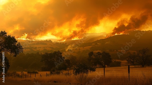Wildfire Engulfs Hillside at Dusk