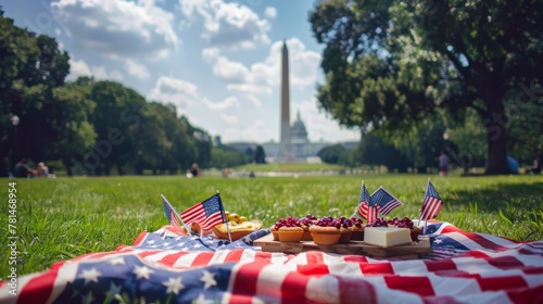 celebration picnic with view of Capitol building. Patriotic theme with American flag, fruits, and baked goods on grass photo