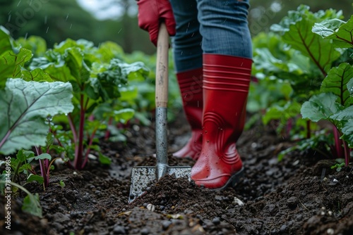 A gardener’s red boots and spade stand out as they till the soil, preparing it for planting in a lush green garden photo