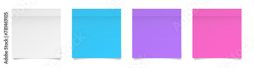 Set of square paper stickers. Stick in notes. White, blue, violet and pink neon colors. Multicolor post it notes. Sheets of paper. Tag, sticky note	
