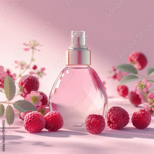 A bottle of perfume is on a table with a bunch of raspberries. The bottle is pink and has a gold cap. The raspberries are scattered around the bottle, creating a natural and fresh look