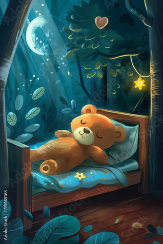 A cute bear sleeps in bed, children's book illustration. Restful sleep. Baby Teddy sleeps. Good night!