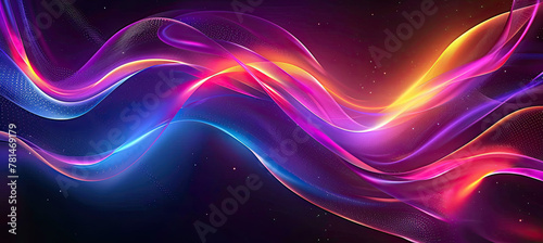 Abstract flowing neon color lines lights on black background