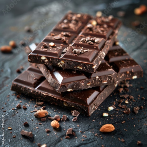 Three chocolate bars stacked on top of each other with a pile of chocolate chips on the bottom. Concept of indulgence and pleasure, as the chocolate bars are a popular treat for many people