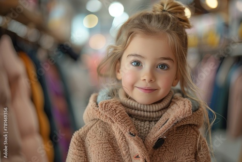 A charming young girl in a teddy coat poses with bright blue eyes and a joyful smile