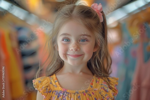 Little girl with striking green eyes and a pink flower in hair, radiating warmth and joy