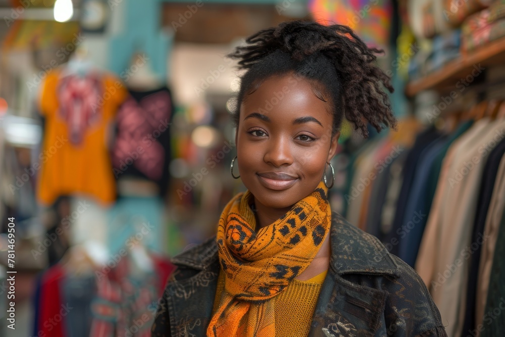 Fototapeta premium A young woman with a warm scarf smiles confidently in a colorful clothing shop