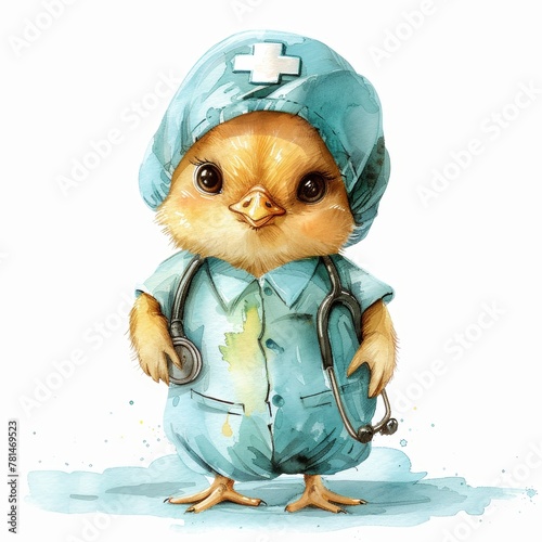Cute watercolor clipart, baby chicken in doctor uniform on a white background, for a children's room