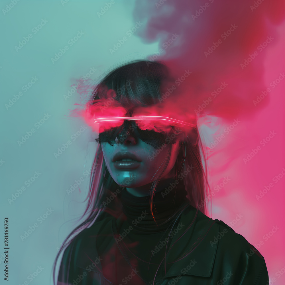 Cyberpunk woman wearing futuristic vr ar headset which is overloading and creating a cloud of pink smoke over a teal background