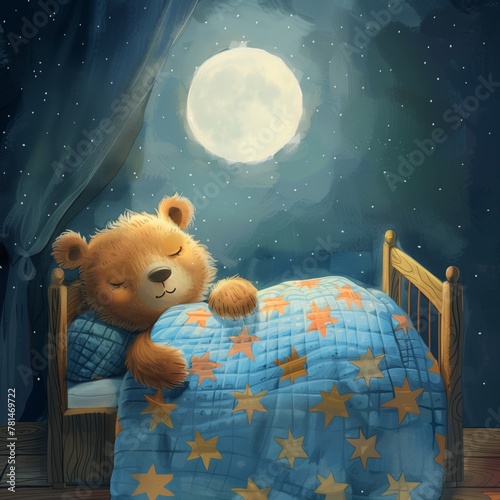 A cute bear sleeps in bed, children's book illustration. Restful sleep. Baby Teddy sleeps. Good night!