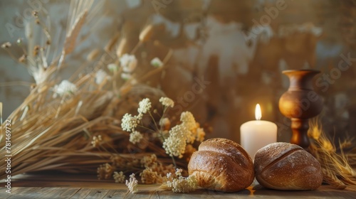 Fresh baked bread and lit candle with dry flowers on wooden surface. Still life photography with copy space