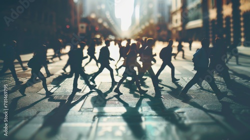 Silhouette different businesspeople walking together in busy city town street. AI generated image photo