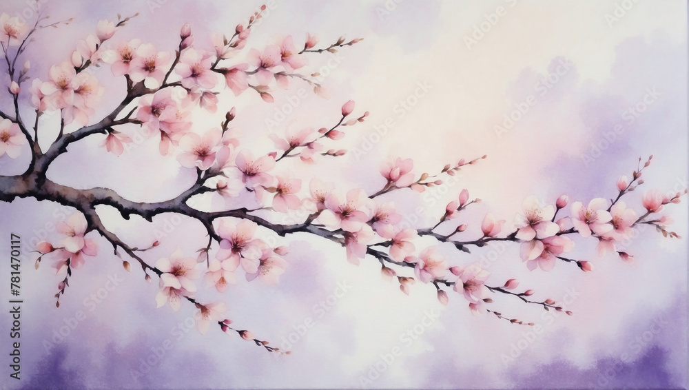 Delicate cherry blossoms blooming on a watercolor canvas of soft pink and pastel lavender, evoking the serenity of spring.
