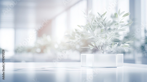 Fototapeta Naklejka Na Ścianę i Meble -  White office space with green plant. Greenery in the clean and bright corporate workspace.