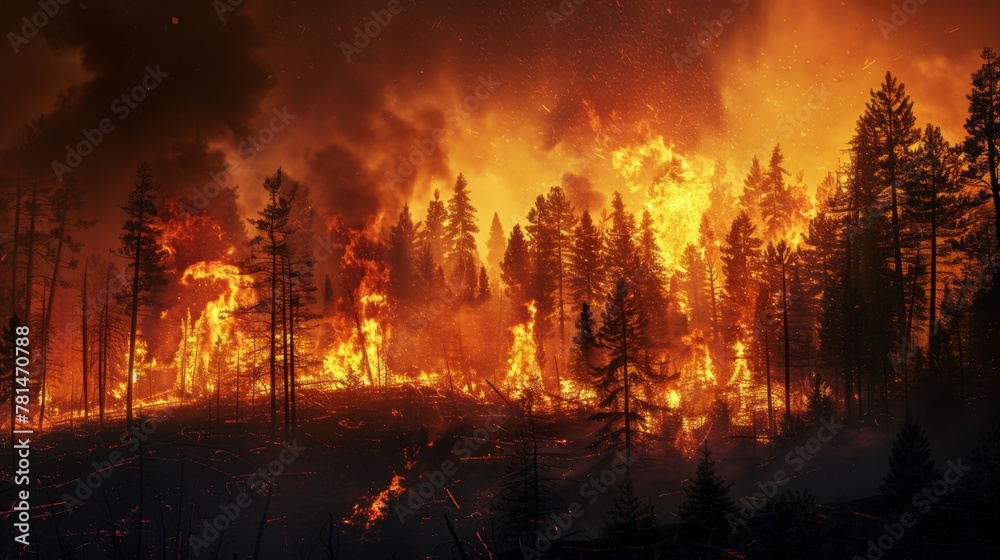 Forest Fire Engulfing Trees at Night - obrazy, fototapety, plakaty 