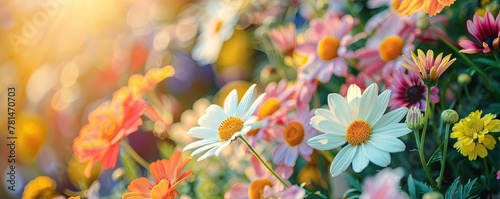 Background of colorful blossoming flowers with gentle petals and pleasant aroma growing in garden.