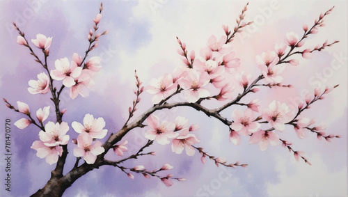 Delicate cherry blossoms blooming on a watercolor canvas of soft pink and pastel lavender, evoking the serenity of spring.