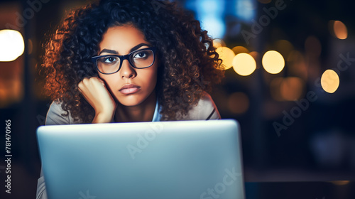 Businesswoman tired bored indifferent expression, exhausted of tedious story while working on laptop. Stressed businesswoman working on laptop looking worried, tired and overwhelmed photo