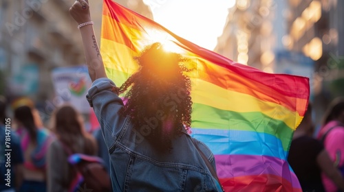 Person with raised fist wrapped in a rainbow flag at a pride parade. Sunflare and celebration concept