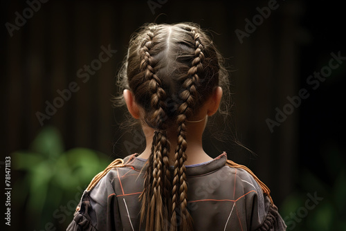 Young girl with braided hair. Braid model back photo.