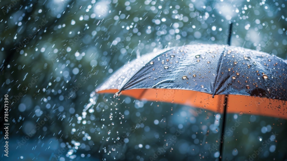 Raindrops Cascading Off a Black and Orange Umbrella