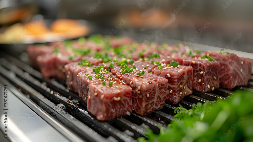 High-grade Wagyu beef steaks seasoned with sesame seeds and green onions, ready to grill to perfection