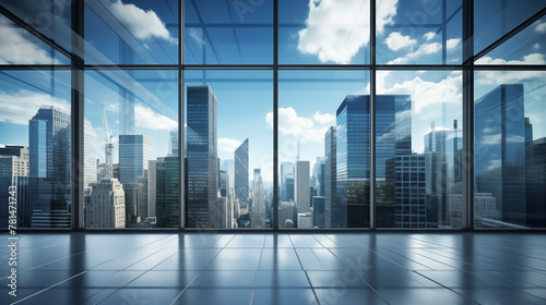 Office building glass and city skyline  Indoors  Room  Modern office  City view  Window glass  Inside